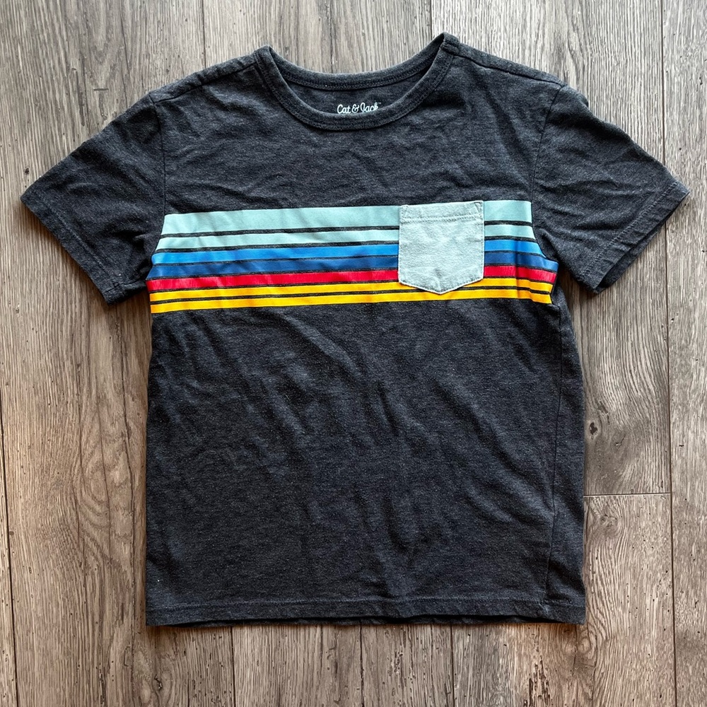Cat & Jack Boys Short Sleeve T-Shirt Striped Pocket Tee Gray Blue Red Small 6/7